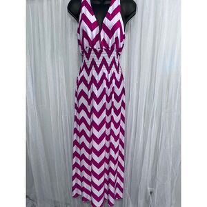 Ace Fashion Pink White Chevron Maxi Dress XL Lace Crochet Back Smocked Waist
